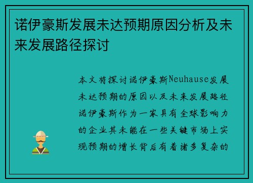 诺伊豪斯发展未达预期原因分析及未来发展路径探讨