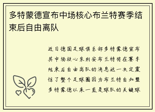 多特蒙德宣布中场核心布兰特赛季结束后自由离队