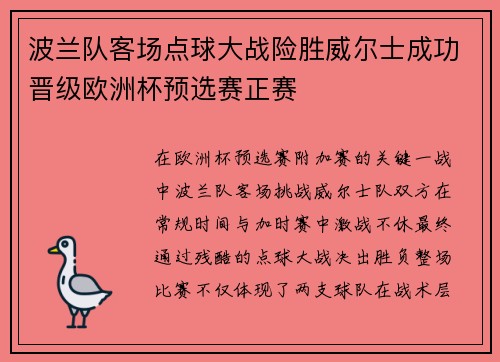 波兰队客场点球大战险胜威尔士成功晋级欧洲杯预选赛正赛